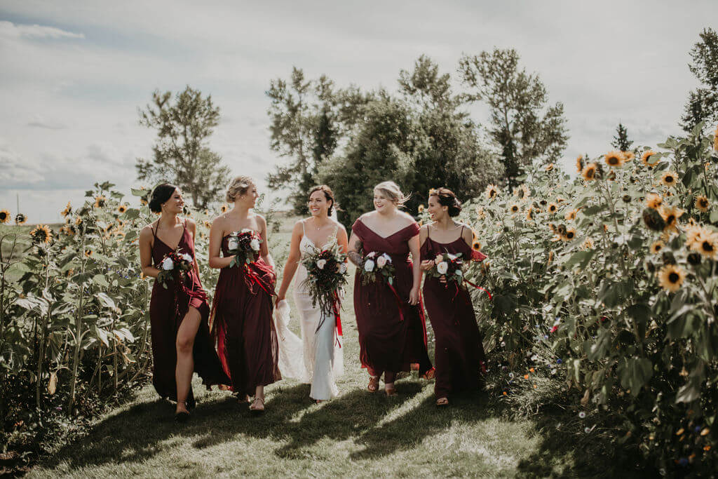 four burgundy bridesmaid dresses and bride standing in a sunflower field