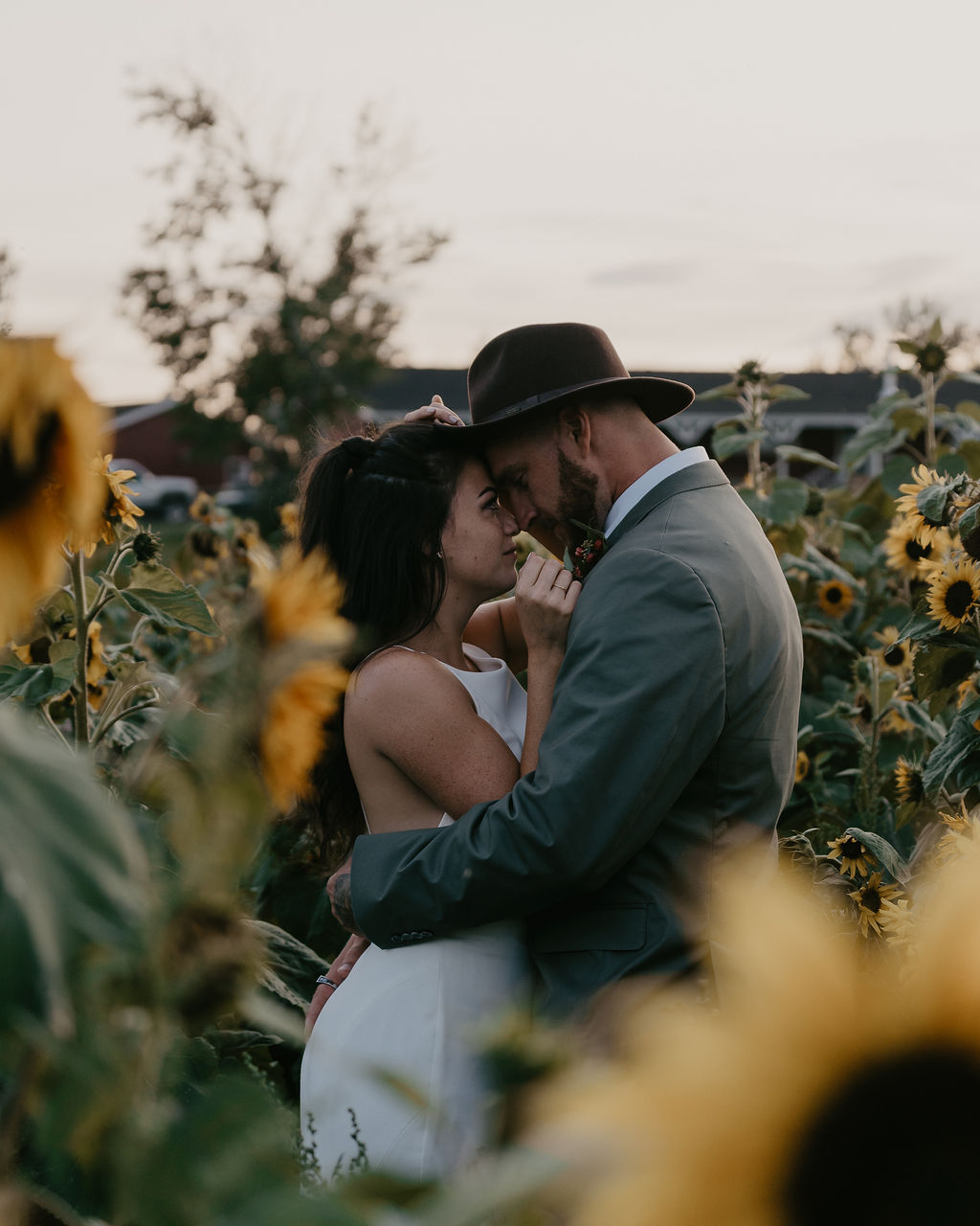 a groom wears a hat while his forehead is placed on the brides in a sunflower garden
