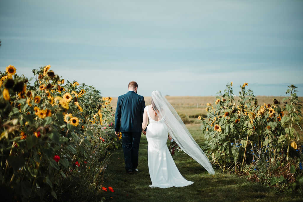 a couple walking down a grassy aisle surrounded by sunflowers. www.thegathered.ca