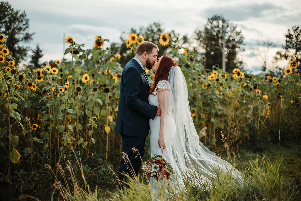 a couple kisses beside a row of bright yellow sunflowers at their outdoor wedding in Alberta, Canada. www.thegathered.ca