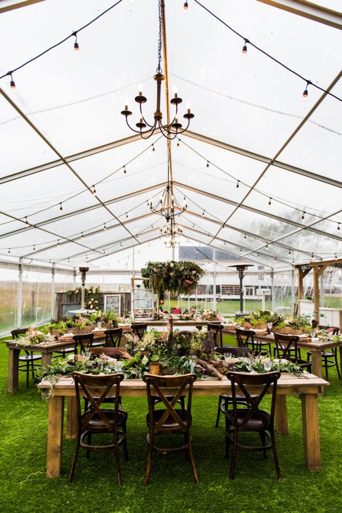 wood tables decorated with wild greenery and pieces of nature. Set in a clear outdoor tent with hanging lights.