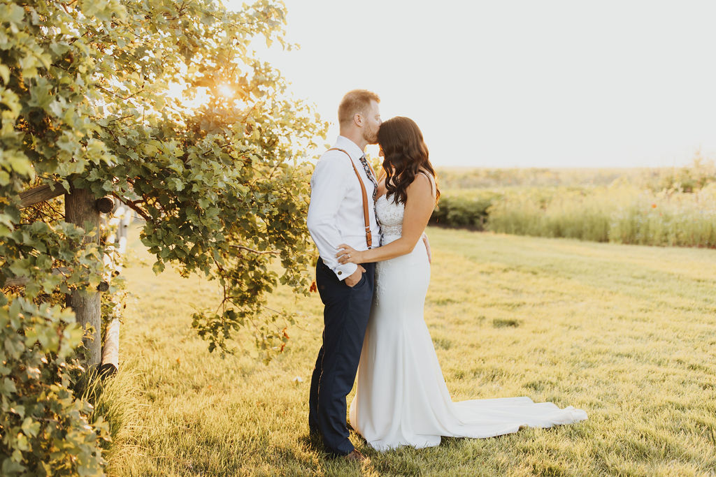 A bride and groom kissing in a field at sunset. The Gathered outdoor wedding and events venue.
