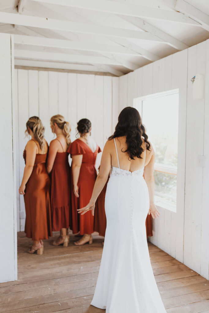 A bride and her bridesmaids look at each other.