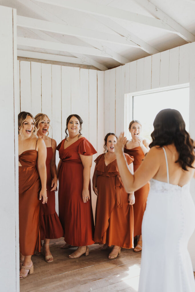 A bride and her bridesmaids look at each other in the mirror.