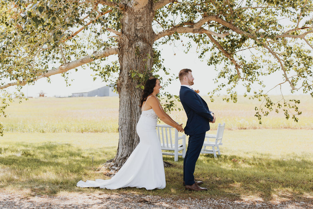 A bride and groom standing under a tree.