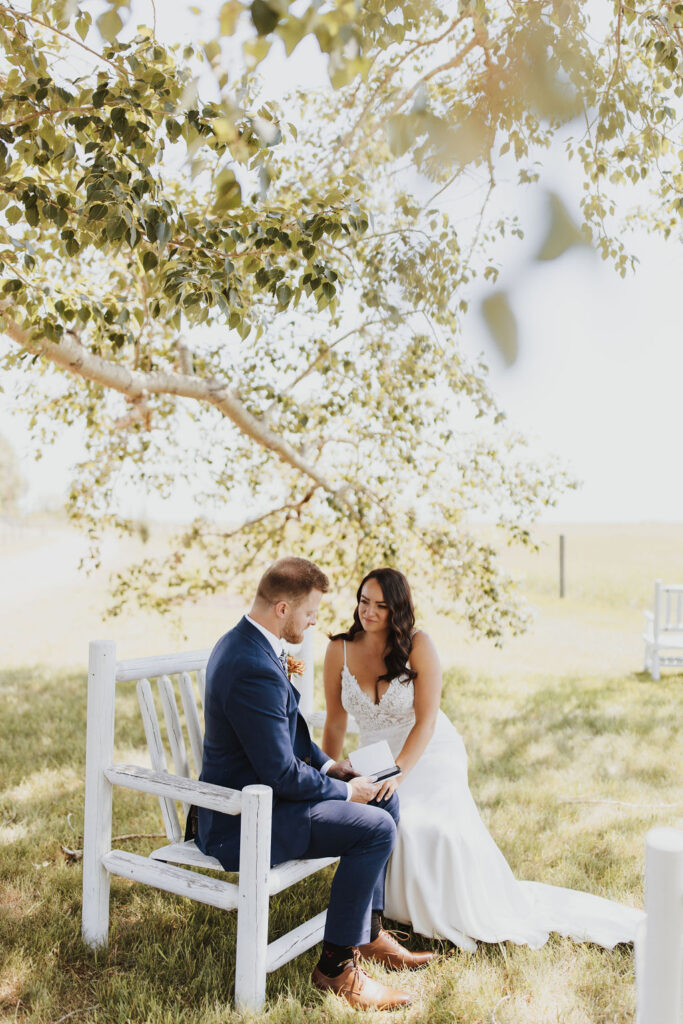 A bride and groom sitting on a bench under a tree.