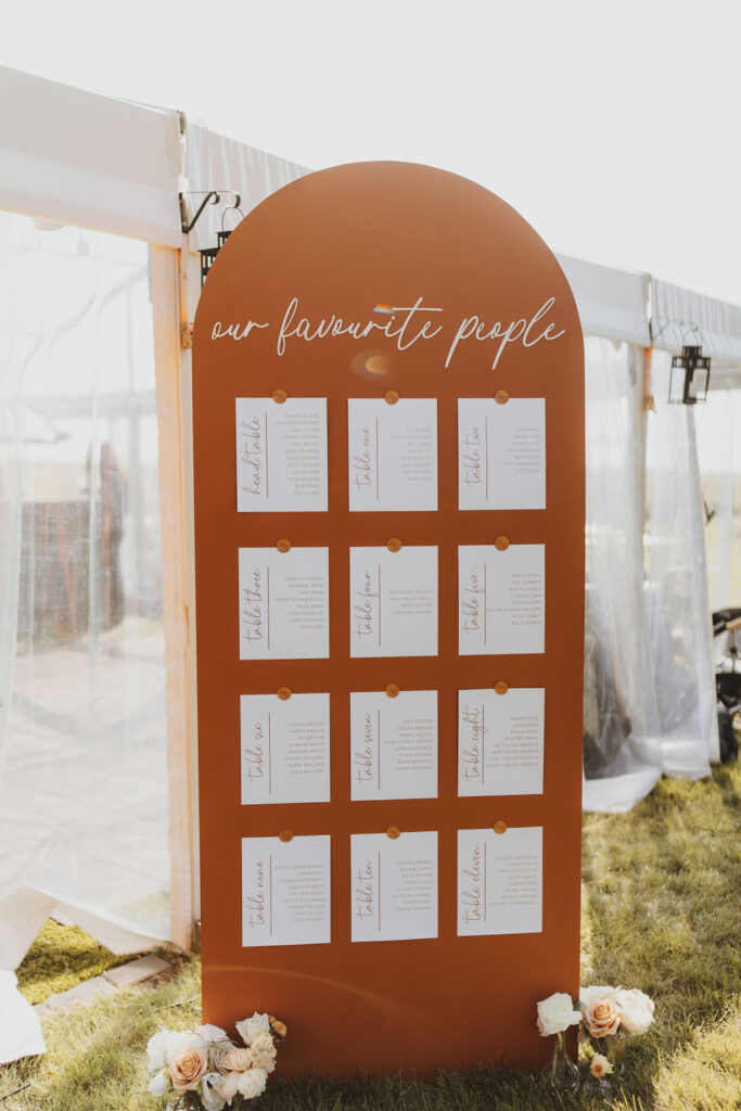 A rust colored wedding seating chart sign with a table in the middle of a grassy field.