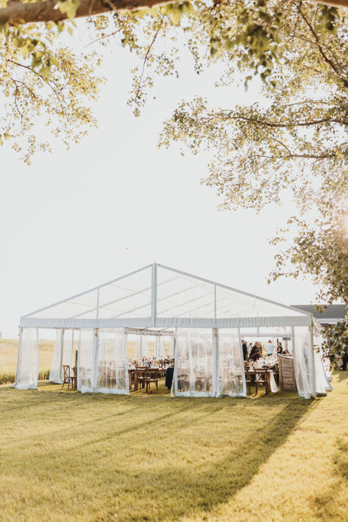 A cleat wedding tent with long tables and chairs on a grassy field. Enchanting Outdoor Dinner Party