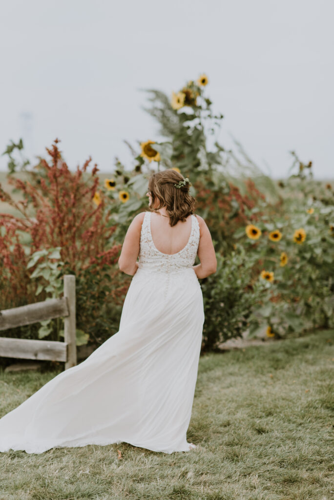 A bride in a wedding dress standing in front of sunflowers. Taken at her wedding at the Gathered in Calgary, Alberta.