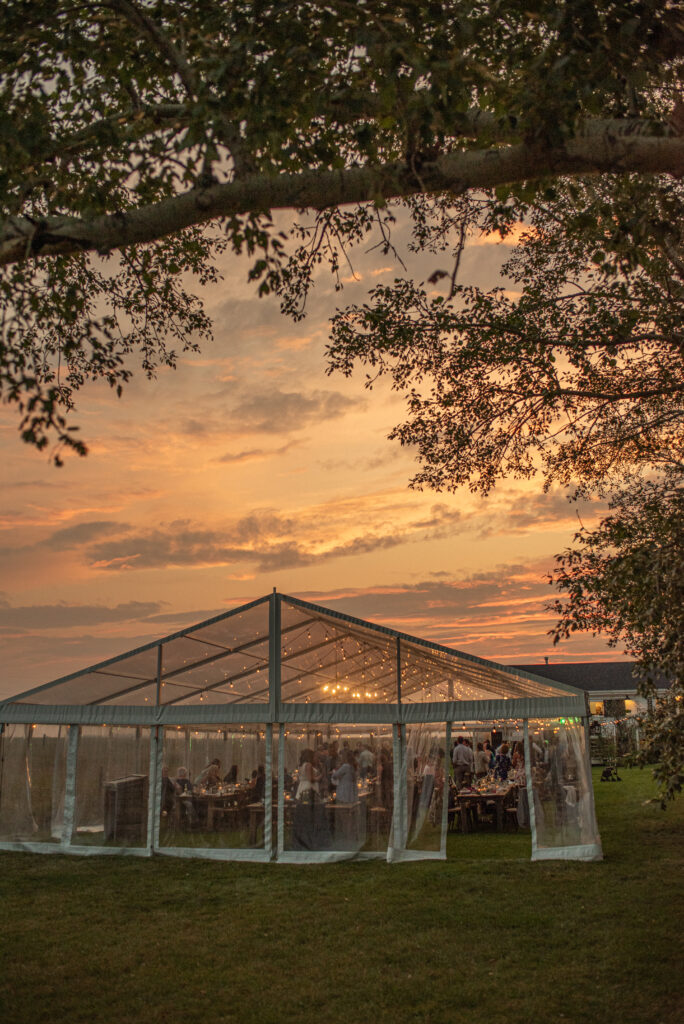 A tent set up in a field at sunset.