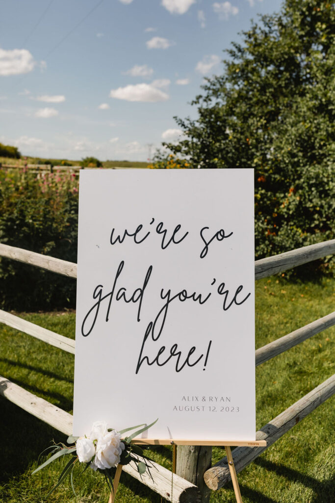 We're so glad you're here wedding sign.