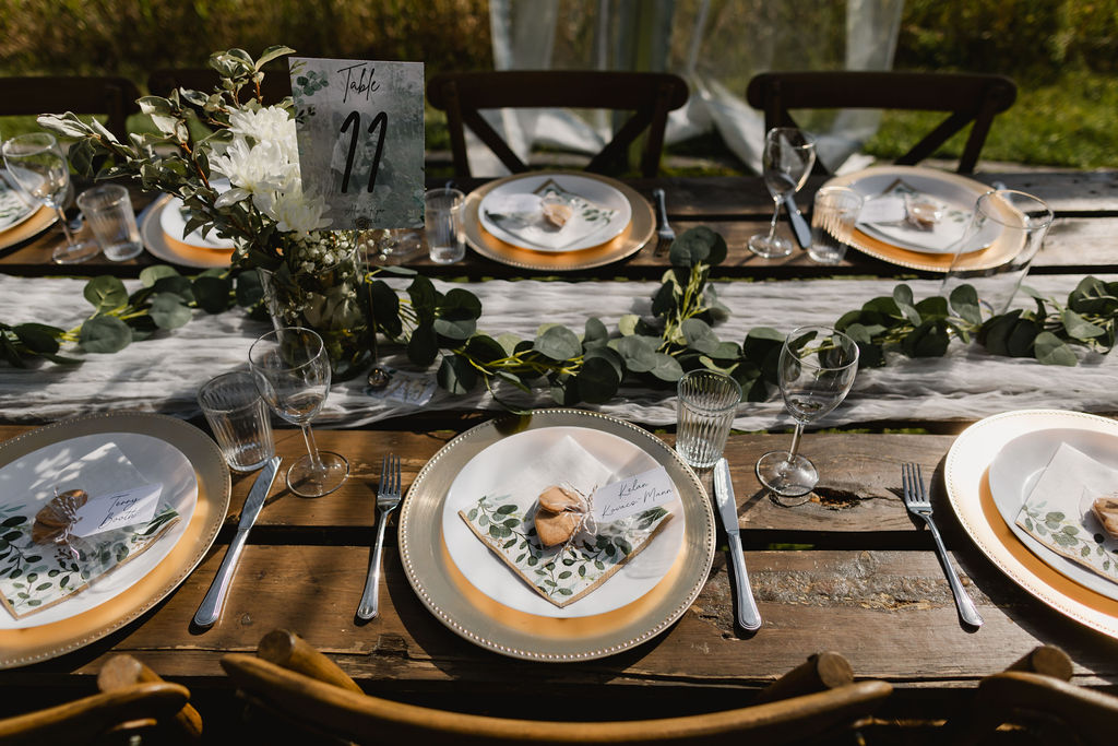 A table set for a wedding with DIY florals.