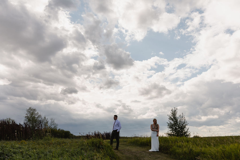 A bride and groom standing in a field under a cloudy sky.