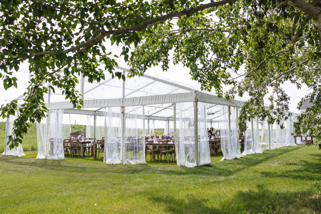 Elegant outdoor event under a large white tent with open sides, set up with decorated tables on a lush, green lawn.