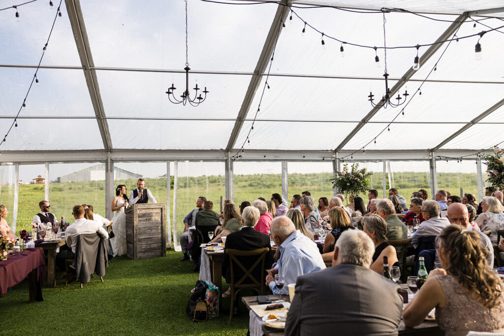 Outdoor wedding reception under a tent with guests listening to a speaker.
